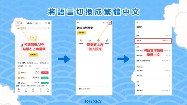 如何在幣安買美股的步驟說明:打開幣安 App,點擊左上角選單進入帳戶資訊頁面後,點擊右上角進入「設定」,將語言切換為繁體中文。