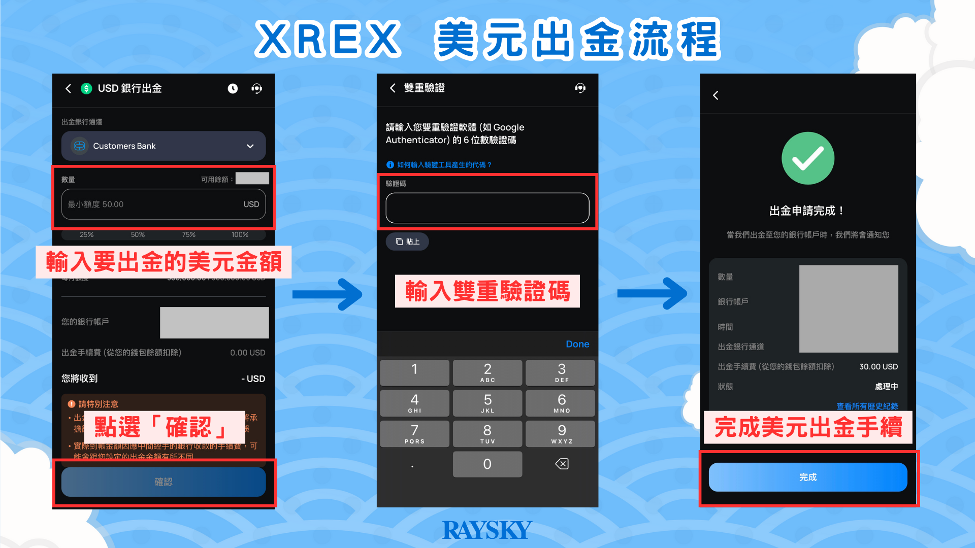 XREX 美元出金步驟三:輸入要出金的美元金額,完成美元出金流程