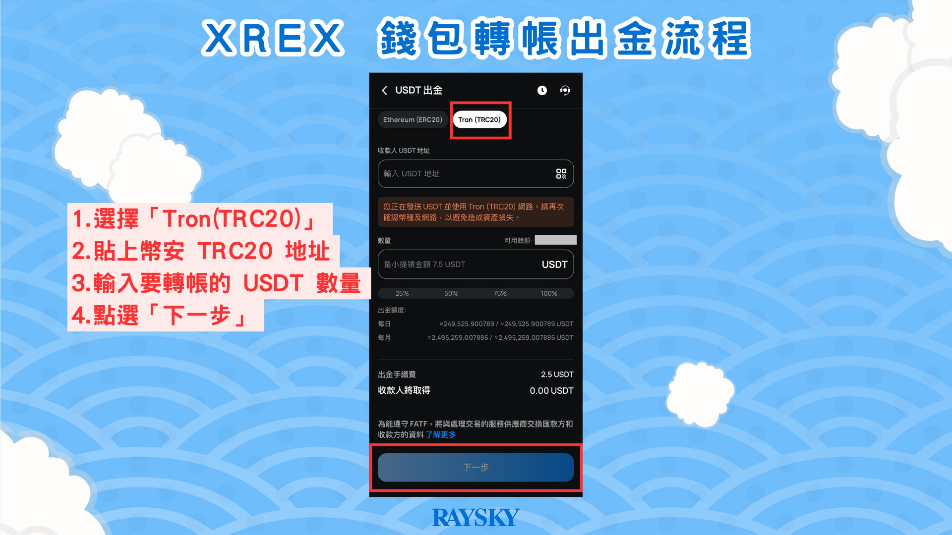 XREX 錢包轉帳出金步驟三:貼上提幣地址與輸入提幣金額,並完成出金提領手續