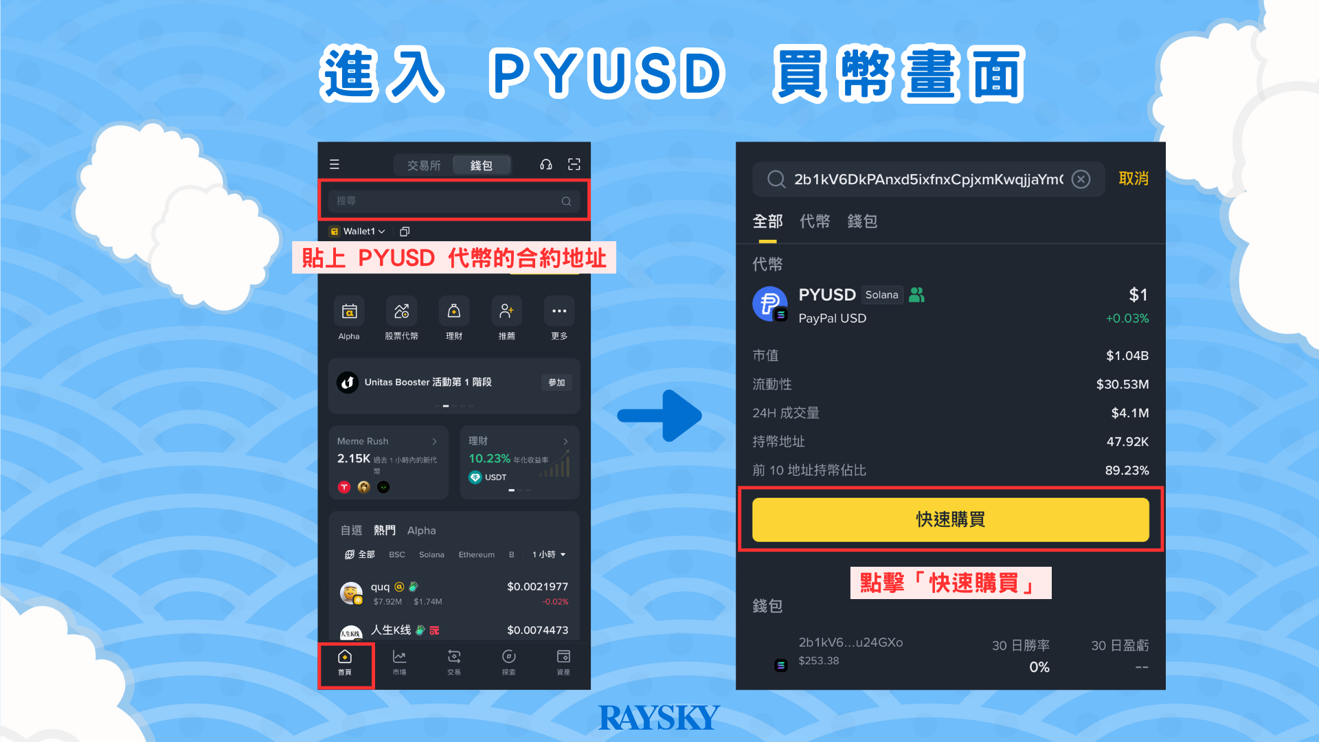 購買 PYUSD 步驟二：輸入 PYUSD 合約地址，進入買幣畫面