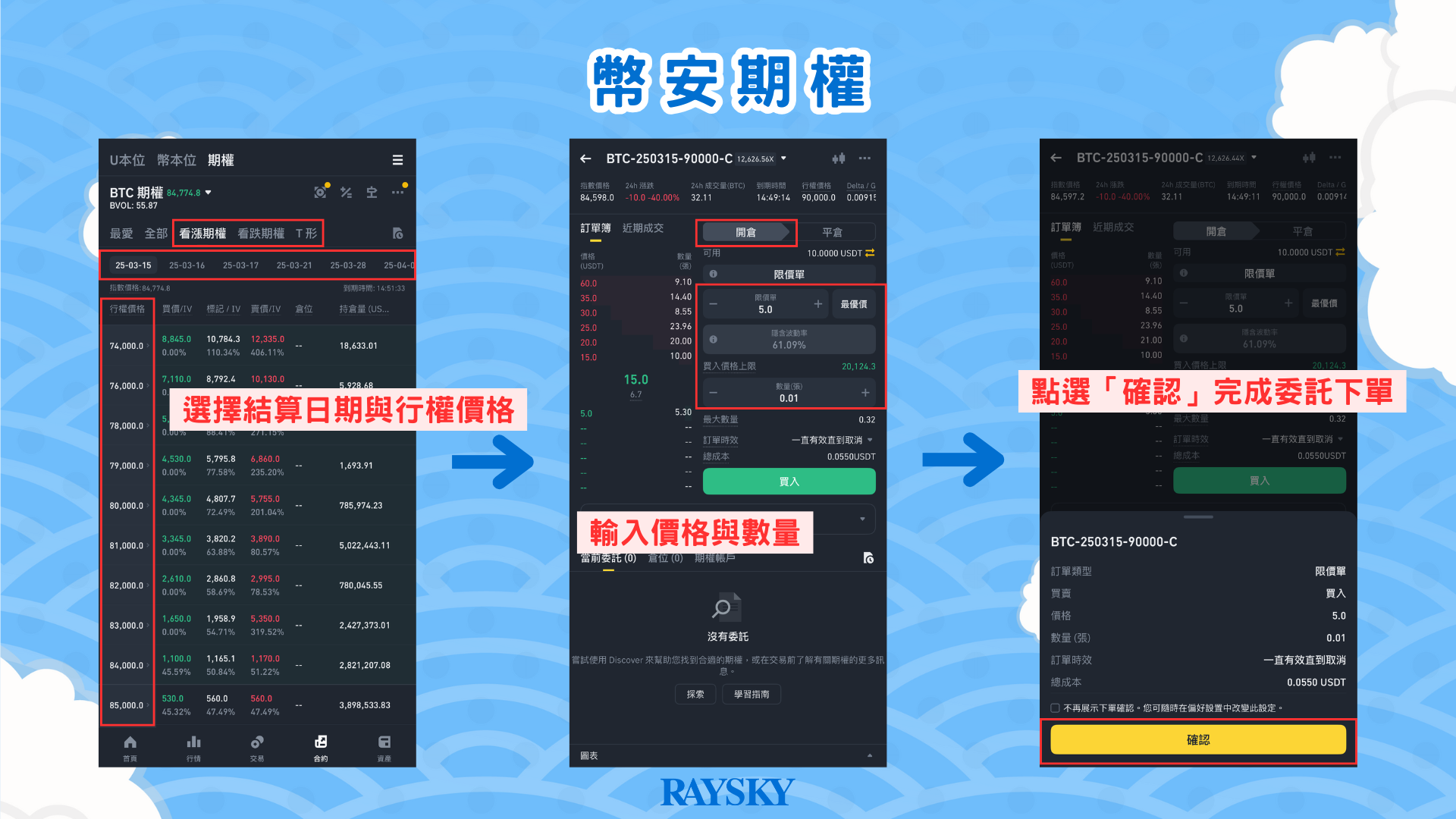 點選結算日與行權價,並開倉下單