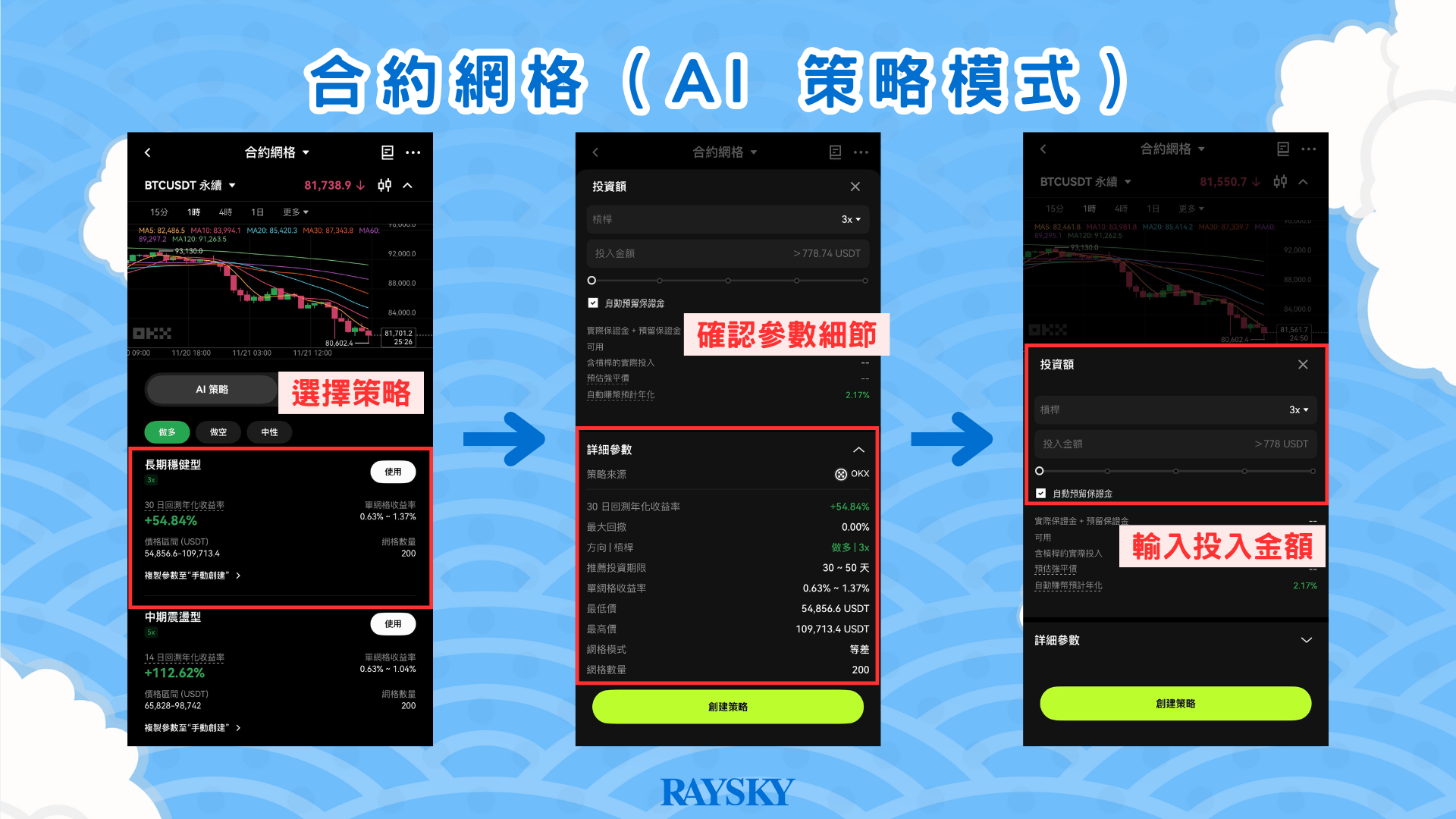 合約網格 - 選擇 AI 策略模式，確認參數