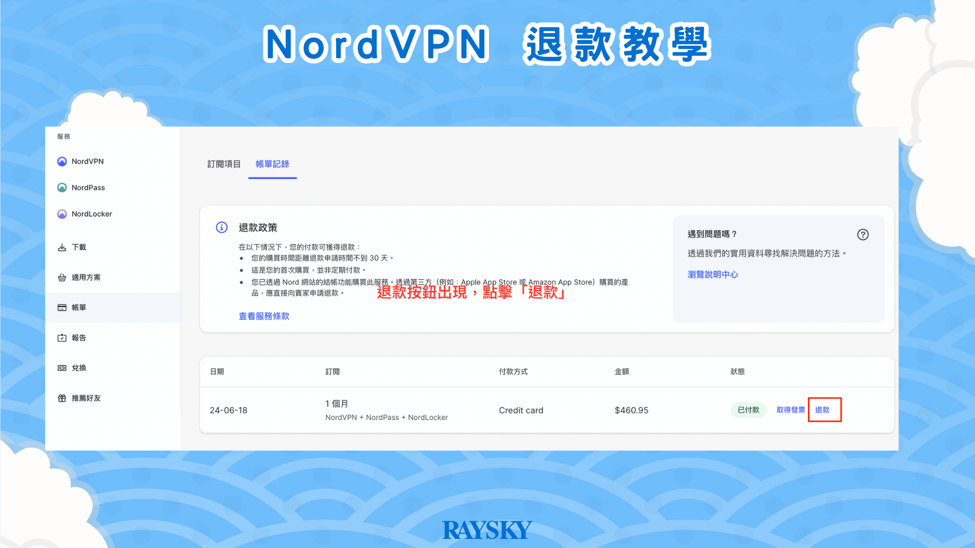 回到剛剛的帳戶付款訂閱頁面，但旁邊就會多一個「退款」按鈕