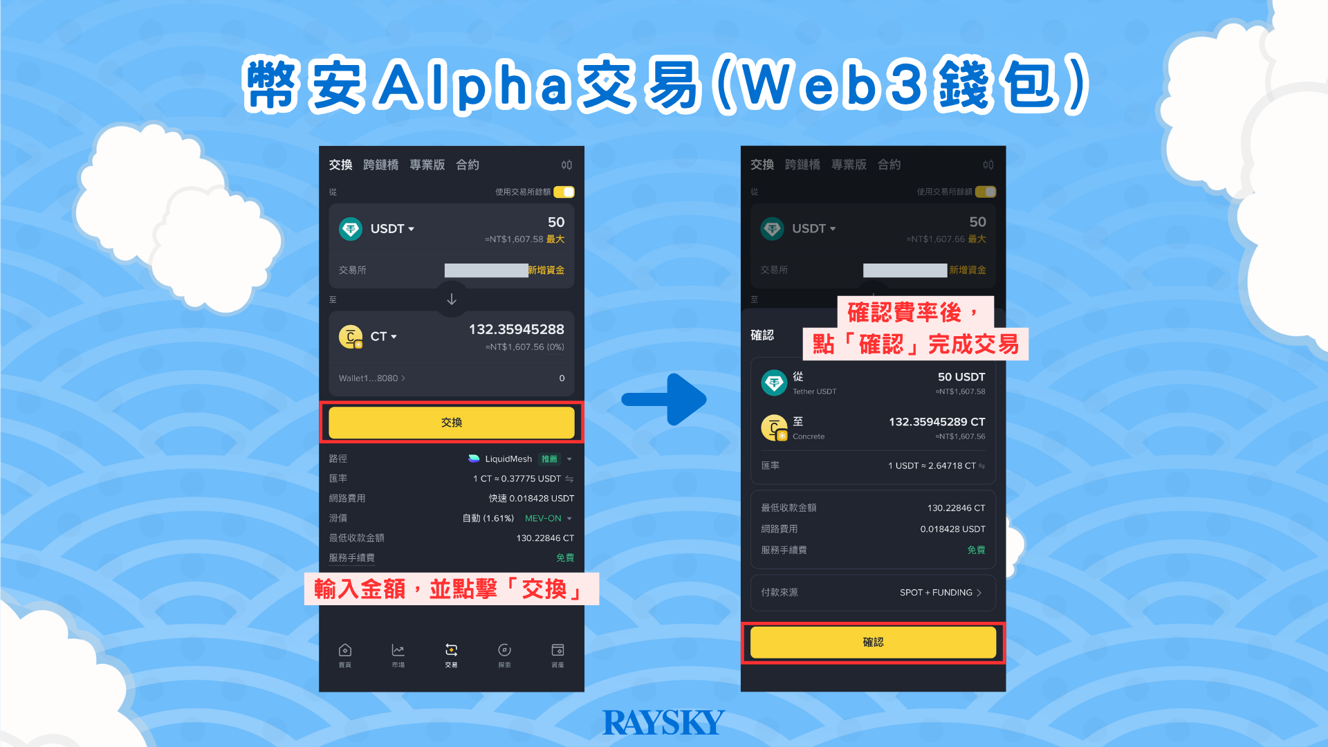 輸入金額並交換，確認費率後完成交易