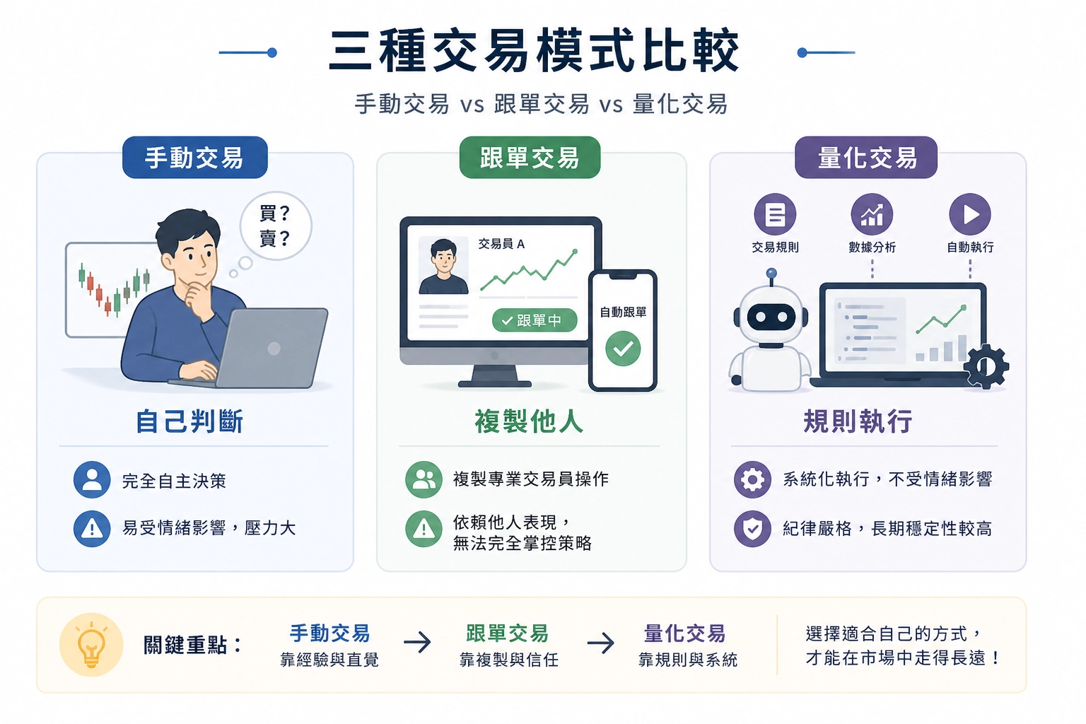 手動交易靠經驗與直覺、跟單交易靠複製與信任、量化交易靠規則與系統