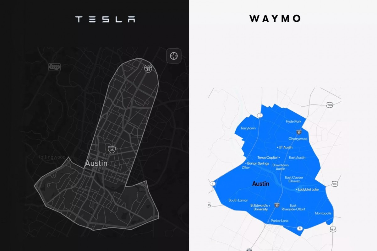 特斯拉 Robotaxi 與 Waymo 的營運區域比較