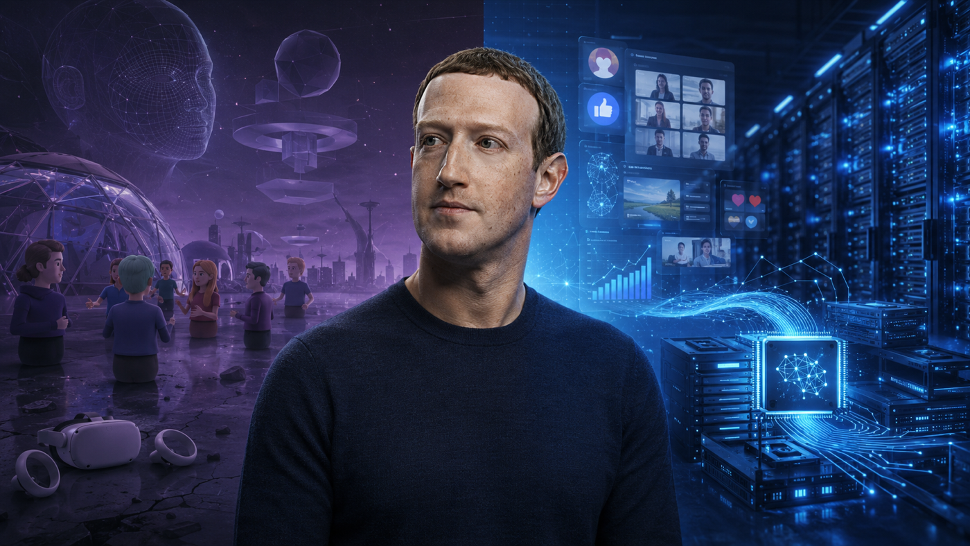 Meta 股價文章中的 Mark Zuckerberg、AI 資料中心與智慧眼鏡投資示意圖