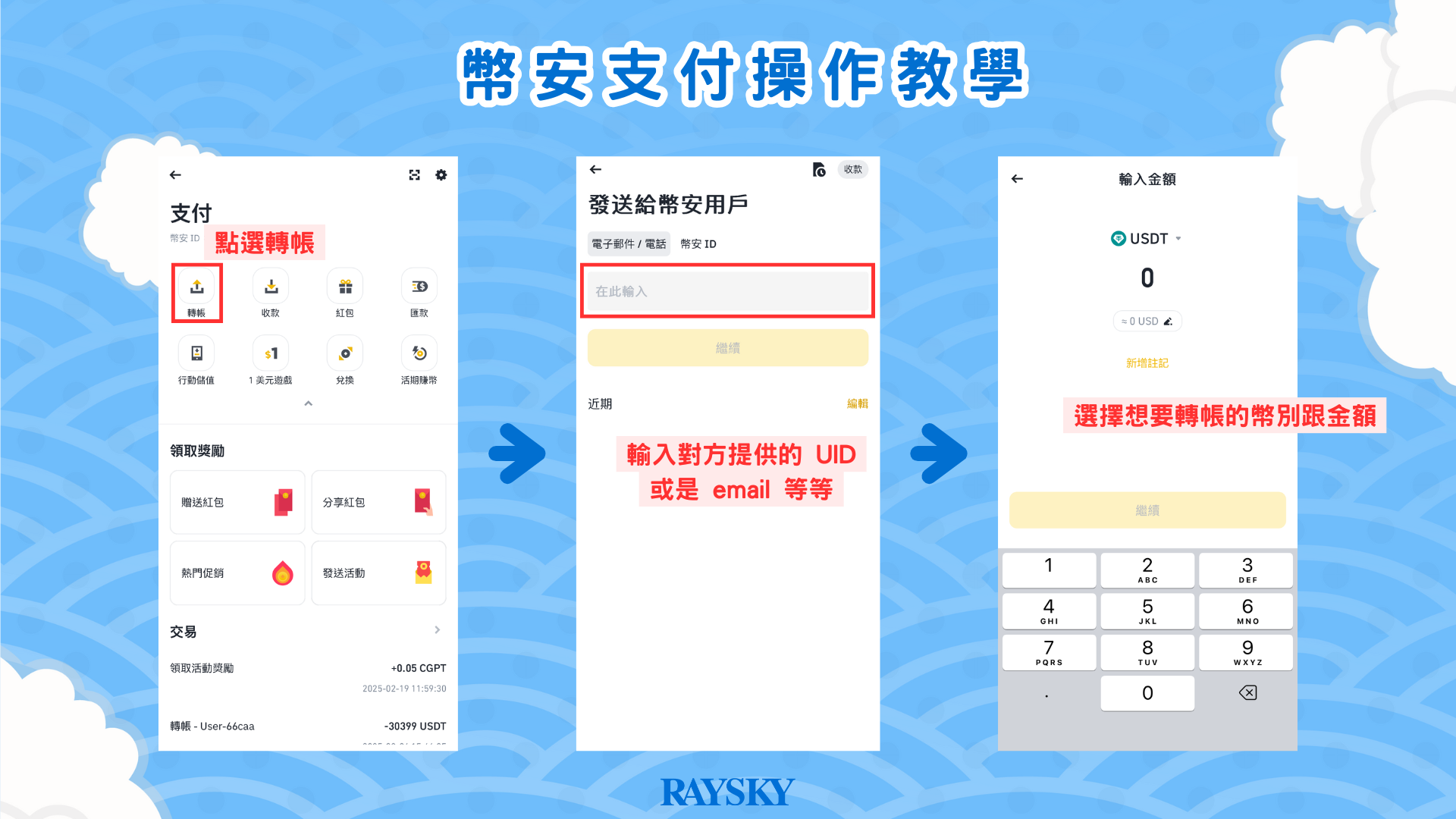 幣安支付步驟三:輸入收款人資訊與金額