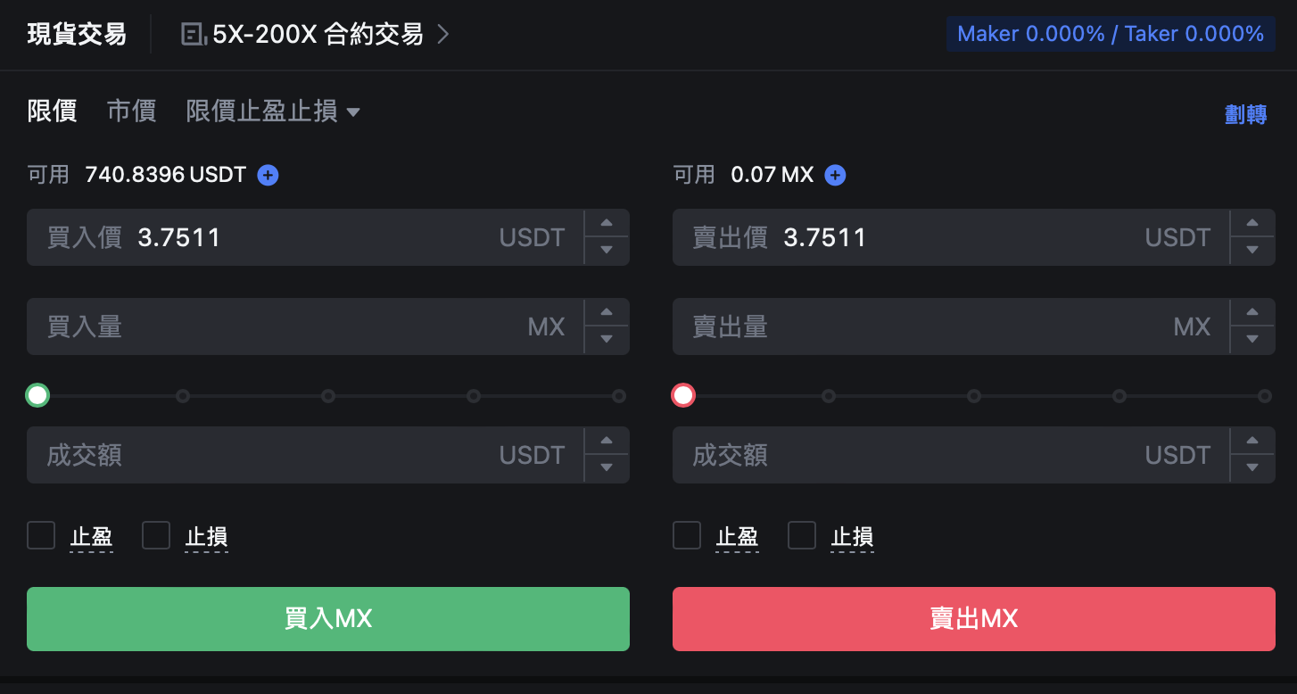現貨交易下單方式一:限價